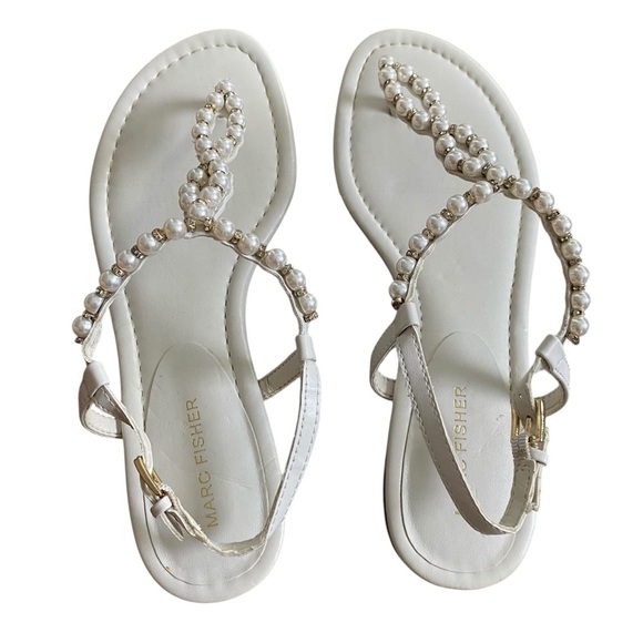 Marc Fisher Women's Pearl Embellished White Sandals 8.5 Resortwear Wedding Beach - Picture 5 of 11